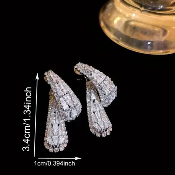 Double Edge Side Zircon Earrings, Dangle Wedding Anniversary Bridal - Picture 6 of 6